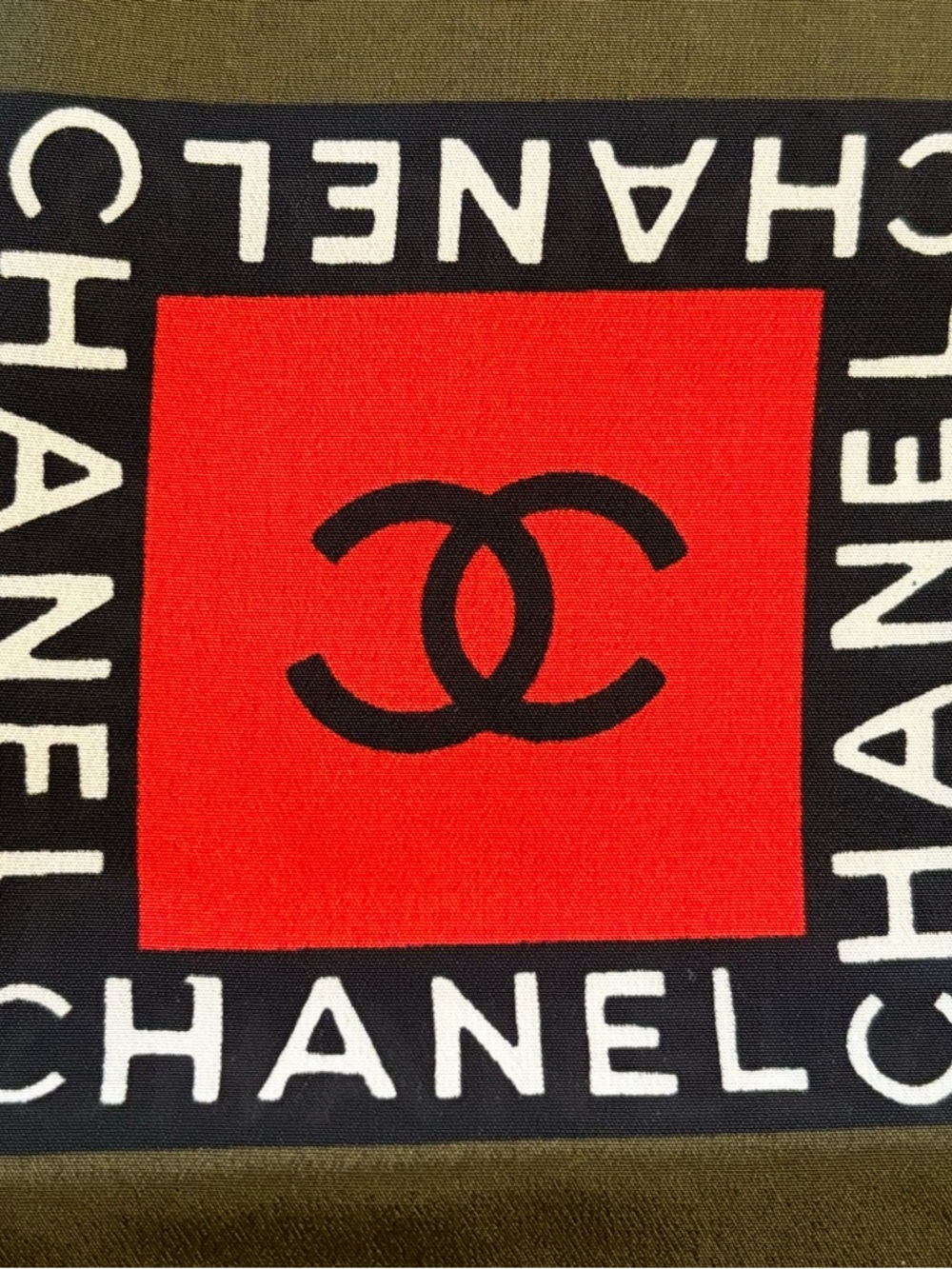 CHANEL Olive Green Scarf with Black and White Logo Panel - Picture 3 of 12